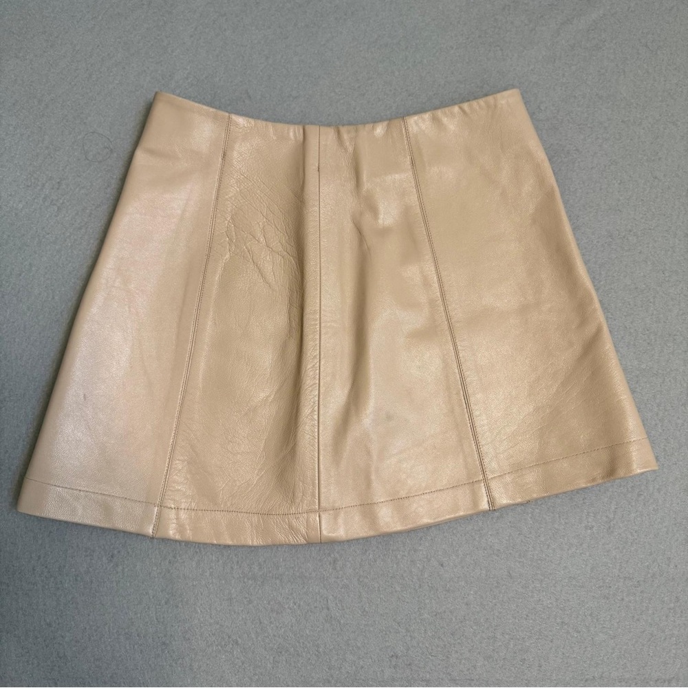 Reformation Beige Tan Leather Mini Skirt A-Line Paneled Side Zip Size 0